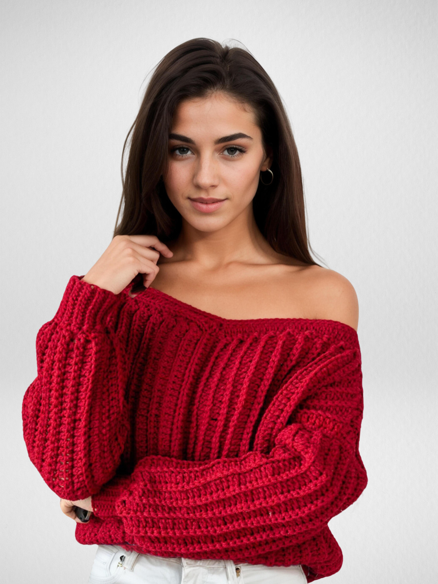 Crimson Off-Shoulder Balloon Sweater