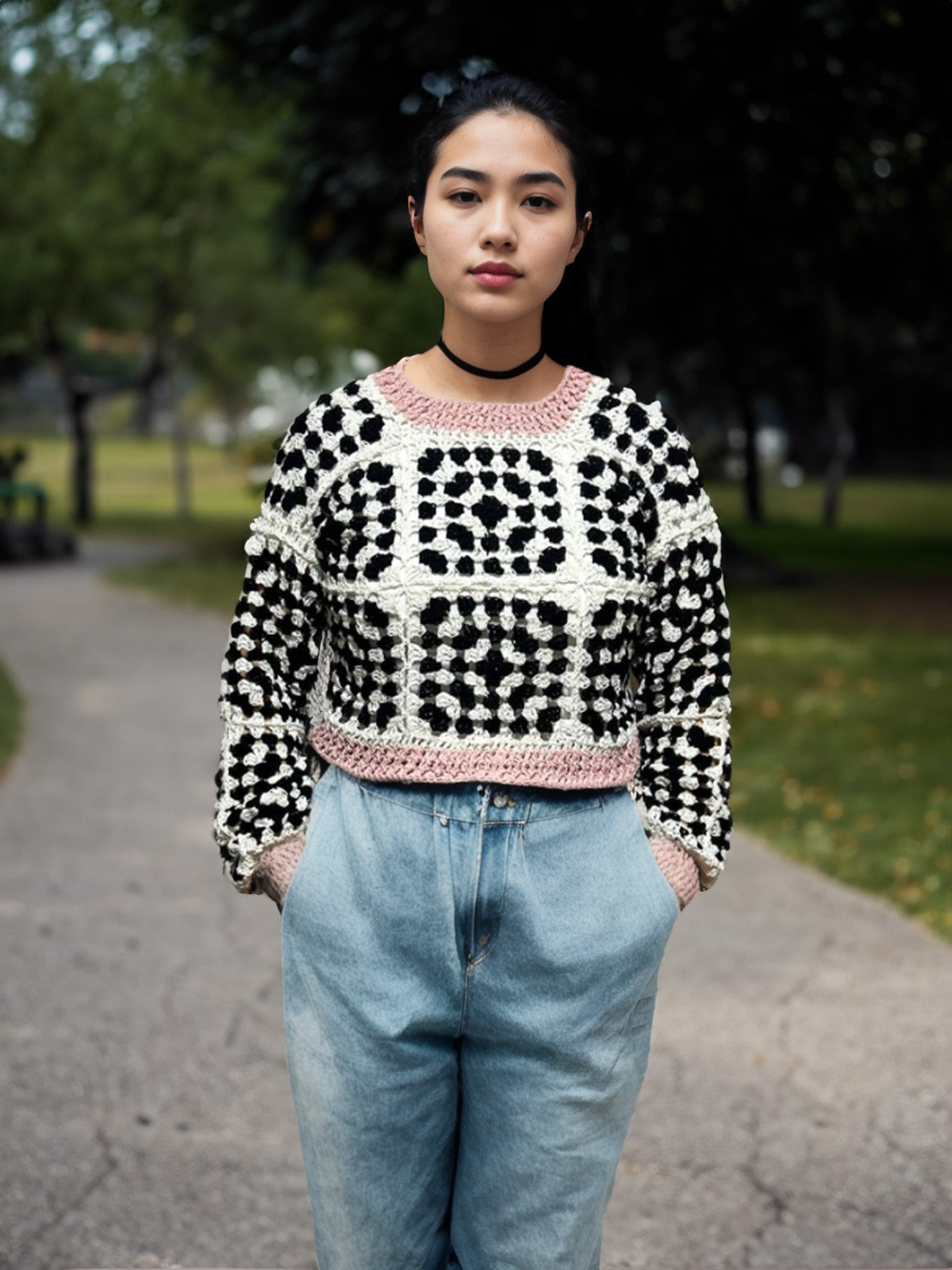 Black & White Square Pink-Trim Sweater