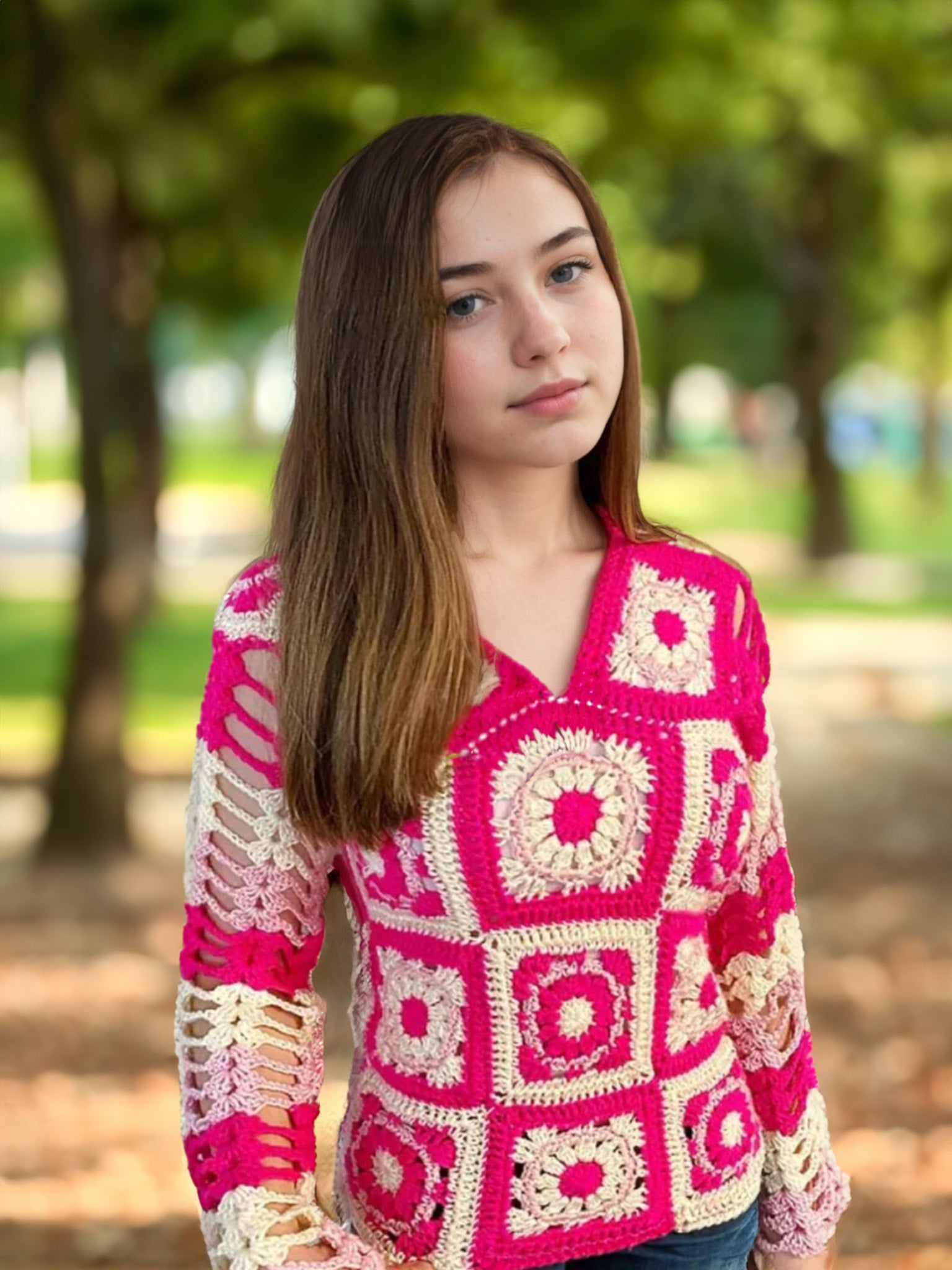 Candy Pink Granny Bell-Sleeve Sweater